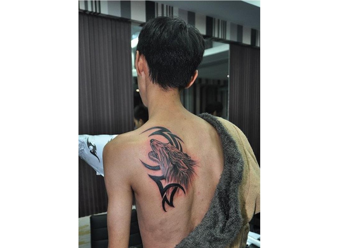 湖南怀化纹身培训学员曾斌在校期间背部狼头文身作品