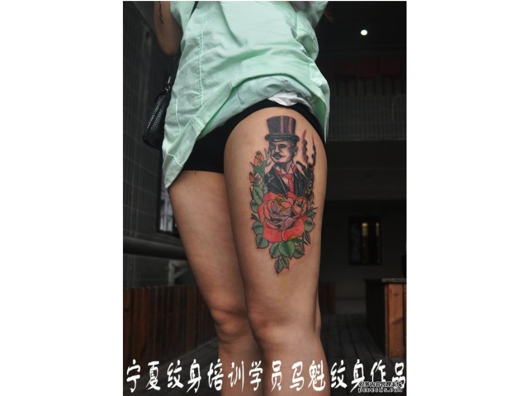宁夏纹身培训学员马魁在校期间大腿色彩玫瑰人物纹身作品