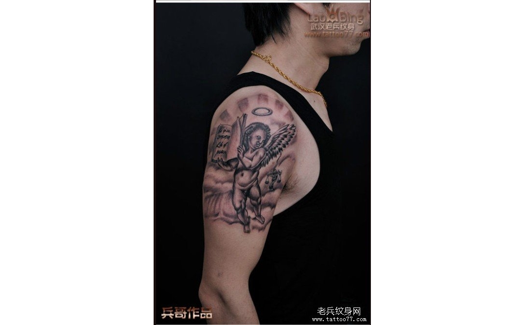 大臂天使纹身图案作品——武汉老兵纹身店出品