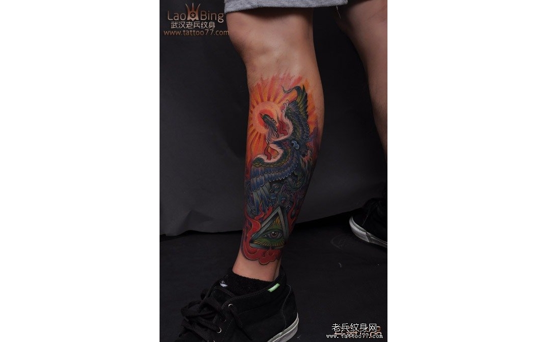 小腿半包彩色凤凰纹身图案作品