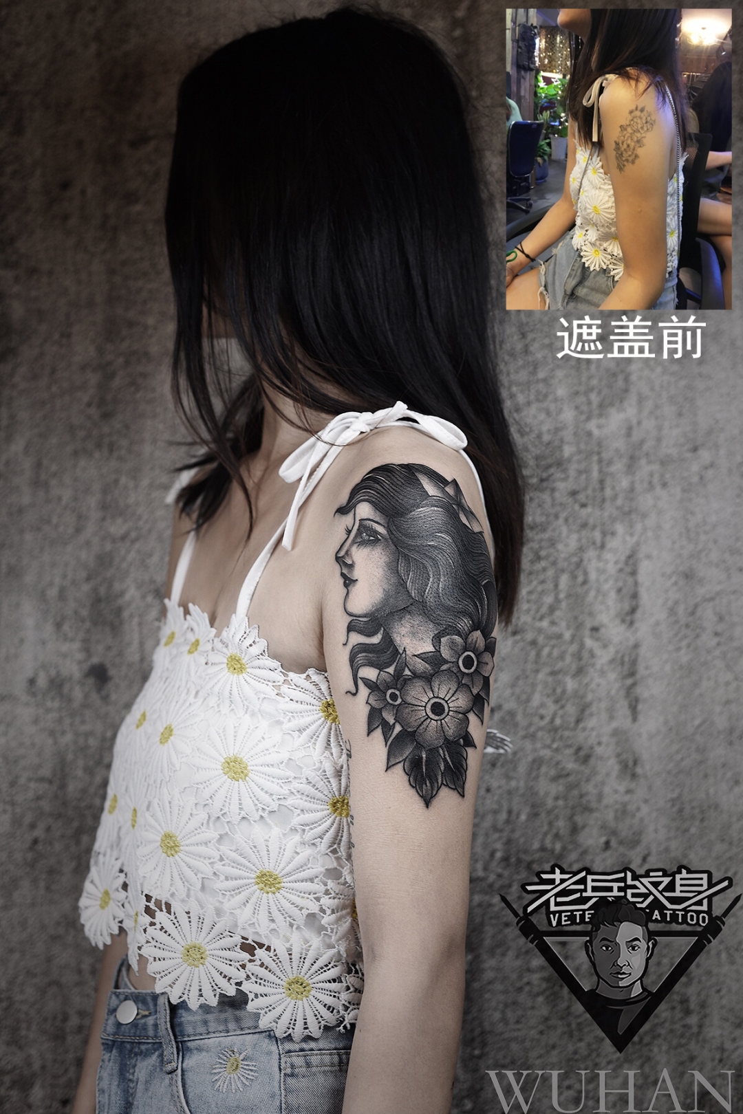 大臂school风格超适合遮盖的女郎纹身作品