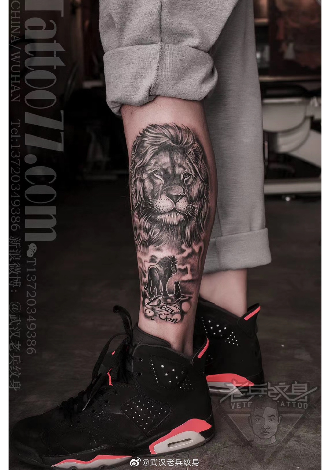 欧美霸气狮子写实小腿纹身作品