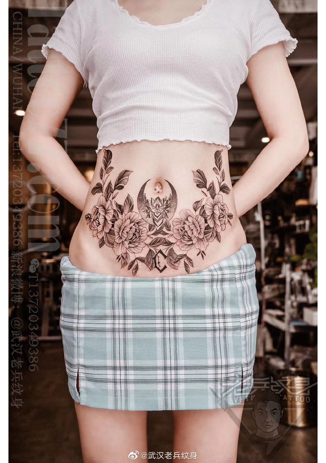 腹部玫瑰花纹身遮盖妊娠纹纹身作品