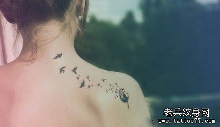女孩子肩膀处流行的蒲公英纹身图案