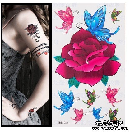 纹身贴纸玫瑰花个性的蝴蝶纹身图案