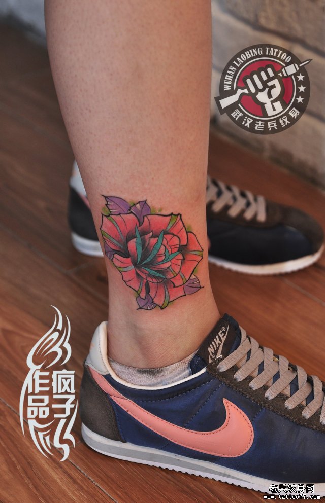 脚踝school玫瑰花纹身作品遮盖旧纹身