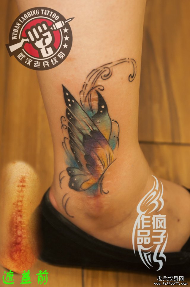 疯子纹身师打造脚踝蝴蝶纹身作品遮盖疤痕