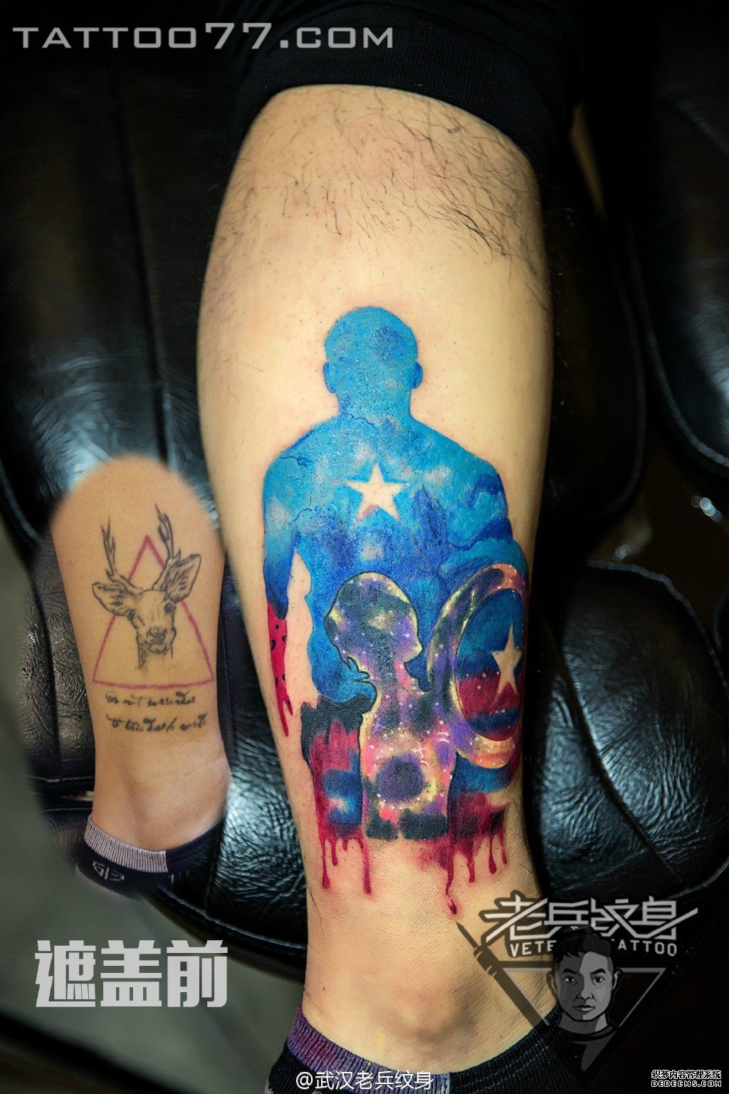 小腿星空人物纹身图案作品遮盖旧纹身