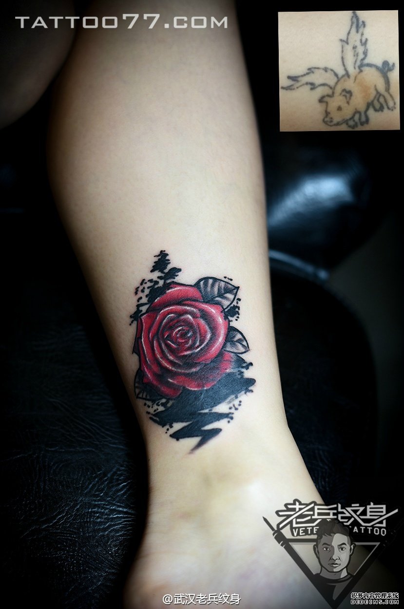 脚踝玫瑰花纹身图案作品遮盖旧纹身