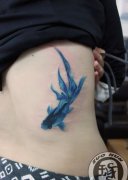美女侧腰一款彩色小金鱼纹身图案