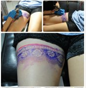 2012年6月28日纹身师正在制作大腿蕾丝纹身图案过程