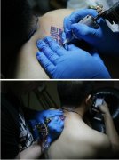 复杂的颈部二维码纹身图案制作过程