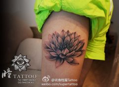 女生腿部唯美的黑白莲花纹身图案