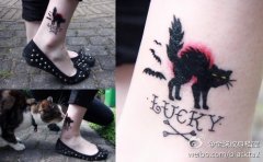 女生腿部可爱流行的图腾猫咪纹身图案