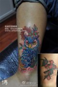 女生腿部时尚漂亮的彩色猫头鹰纹身图案