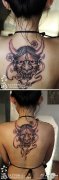 美女背部时尚经典的黑白般若纹身图案