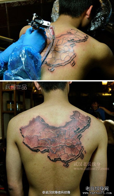 为超有爱好精神的小伙制作的后背立体中国地图纹身作品