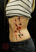 美女侧腰唯美时尚的梅花与汉字纹身图案