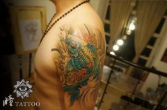 男人手臂好看精美的鲤鱼纹身图案