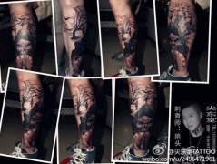 腿部超酷时尚的死神纹身图案
