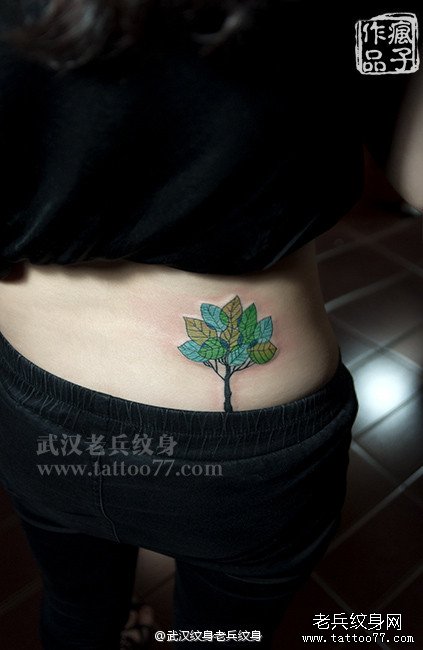 后腰绿叶大树纹身图案作品由武汉纹身店疯子出品