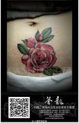 女生腹部疤痕遮盖school玫瑰花纹身图案