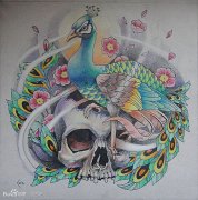 一款漂亮的孔雀与骷髅纹身手稿