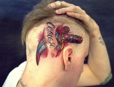 男生头部经典超酷的匕首纹身图案