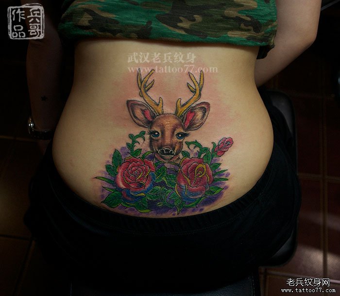 可爱小鹿加玫瑰花纹身作品遮盖旧图腾纹身