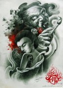 一款潮经典的传统画皮纹身手稿