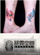 腿部漂亮潮流的情侣钥匙纹身图案