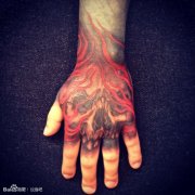 男人手背经典潮流的骷髅火焰纹身图案