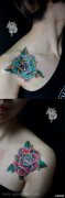 女生肩膀处漂亮时尚的玫瑰花纹身图案
