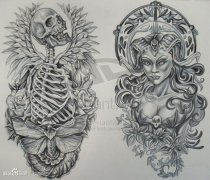 一款时尚经典的骷髅与恶魔美女纹身手稿