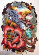 一款帅气很酷的豹子与玫瑰花纹身手稿
