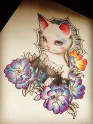 可爱潮流的一款猫咪纹身手稿