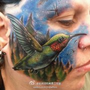 一款另类的欧美女人脸部蜂鸟纹身图案