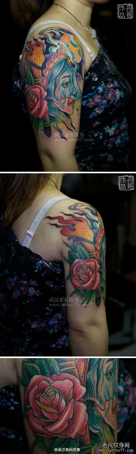 为孝感美女打造的大臂school美女玫瑰花纹身作品