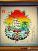 一款很酷时尚的帆船灯塔纹身手稿