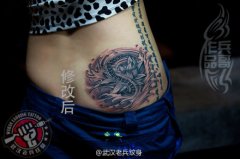 武汉老兵纹身店兵哥制作的腰部修改旧莲花纹身作品