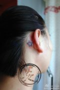 女生耳部一款小巧潮流的重影五角星纹身图案