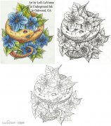 一款彩色小蛇与花卉纹身手稿