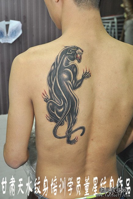 后背黑豹纹身图案由甘肃纹身学员董星打造