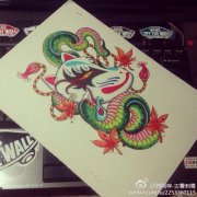 潮流时尚的一款蛇与面具纹身手稿