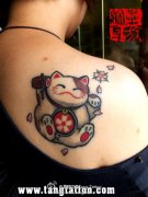 女生肩背可爱的猫咪纹身图案