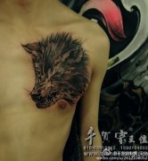 男生胸前一款很帅凶悍的狼头纹身图案