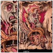 超酷很帅的羊头与恶魔纹身图案