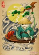 一款钓鱼的猫咪纹身手稿