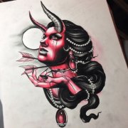 时尚很帅的一款美女恶魔纹身手稿