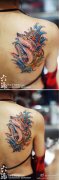 女生肩背潮流经典的鲨鱼船舵纹身图案